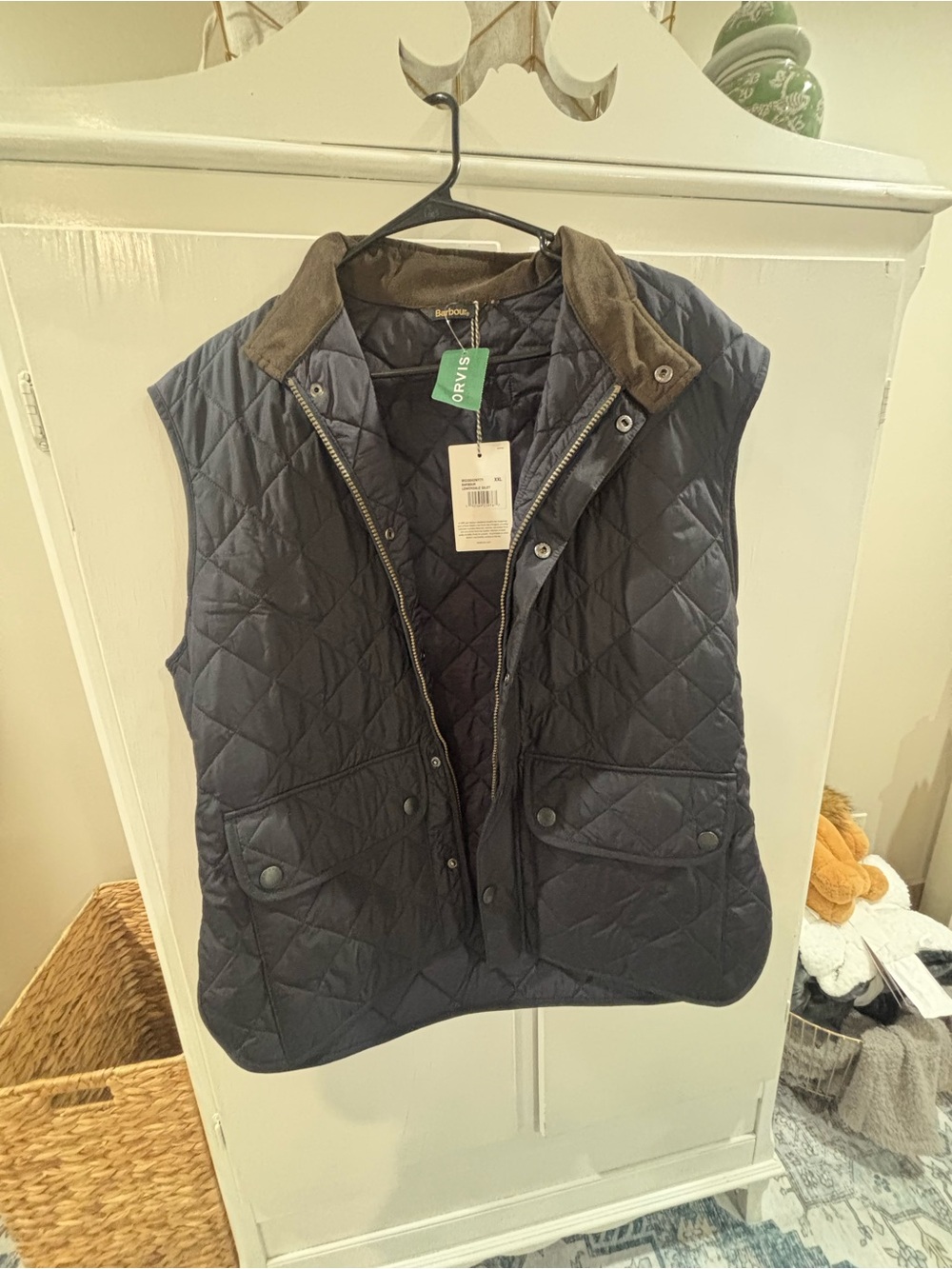 Barbour Navy Quilted Gilet with Brown Collar